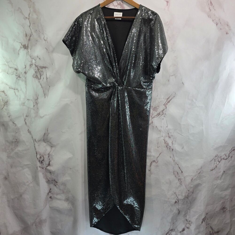 Saylor Dress Women Large Black Midi Sequin Gunmetal Twist Metallic Roslynn